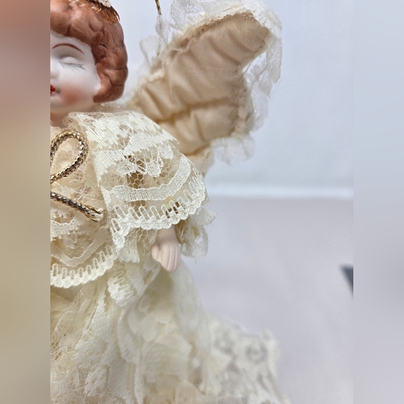 Heavenly Angel Ornament Tree Topper Porcelain Face & Hands, Wings Lace Dress - Picture 7 of 11
